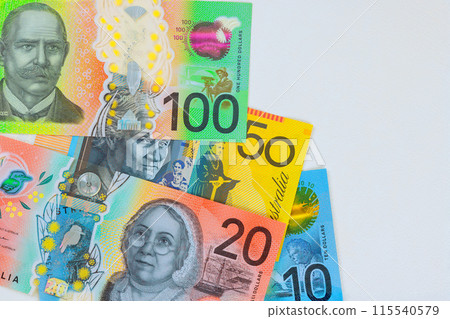Australian dollar, is composed of polymer banknotes cash bills issued by National Bank of Australia Australian dollar, is composed of polymer banknotes cash bills issued by National Bank of Australia 115540579
