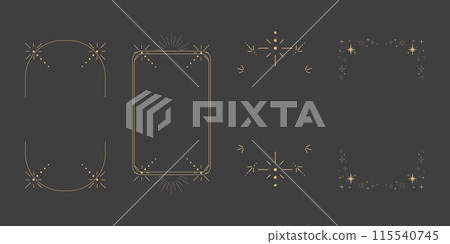 Golden celestial minimal esoteric frame, thin line border, mystyc linear decoration with dots, moon, stars corners isolated on dark background. Geometric shape, tarrot  115540745