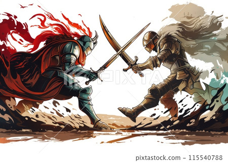 Two knights in armor fighting with swords 115540788