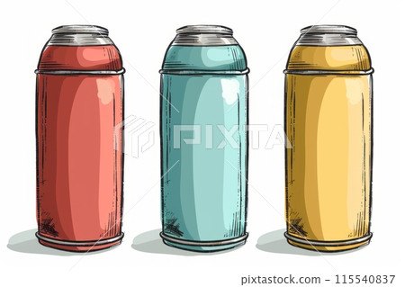 Three illustrated thermos bottles in red, blue, and yellow 115540837