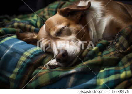 Young dog terrier sleeping on a checkered knitted plaid on the bed. Small hound beagle dog sleeping snuggly and warm on a green blue wool blanket. Cozy ambience at home Young dog terrier sleeping on a checkered knitted plaid on the bed. Small hound beagle dog sleeping snuggly and warm on a green blue wool blanket. Cozy ambience at home 115540976