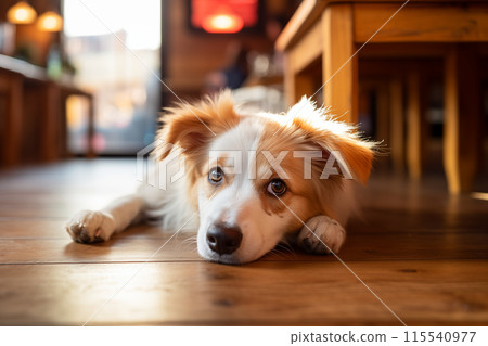 Cute dog lying on the floor and looking at camera. Muzzle with big eyes close up. Portrait of tired dog resting on a wooden floor at home. Adorable domestic pet concept. Fluffy puppy 115540977