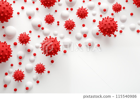 Coronavirus cells or bacteria molecule. COVID-19 virus. Virus isolated on white. Close-up of influenza, disease X. Bacteria, infected cellular organism. Science and medicine concept. Copy space 115540986