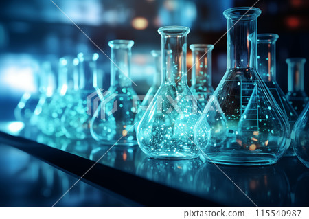 Close-up of empty blue glass flasks standing in a row. Scientific chemical research. Laboratory background. Glass chemical bottle filled with a substance. Blurred background. Chemical laboratory 115540987