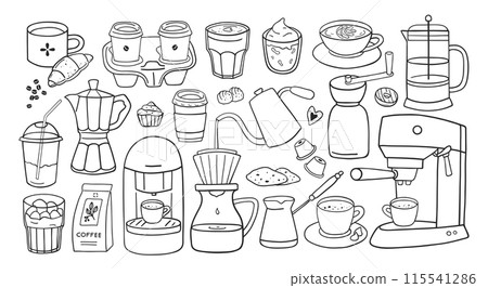 Hand drawn different types of coffee drinks set 115541286
