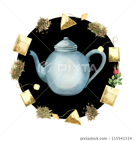 Teapot for brewing tea, tea bags, leaves, tea leaves, rose hips, tea strainer on a black background. All products are hand painted with watercolors. For printing on food packaging, kitchen, textiles. Teapot for brewing tea, tea bags, leaves, tea leaves, rose hips, tea strainer on a black background. All products are hand painted with watercolors. For printing on food packaging, kitchen, textiles. 115541314