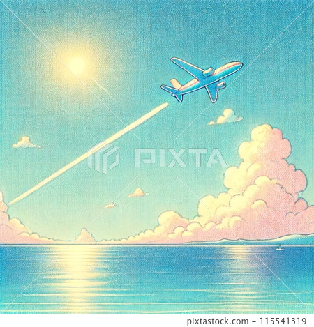 An airplane flying over the summer sea and a contrail floating in the blue sky 115541319