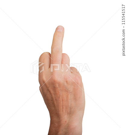 Hand gesture with middle finger up, isolated white background. Rude obscene sign, offensive and 115541517