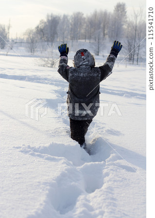 a child makes his way through deep snow. winter walks with the whole family. 115541710