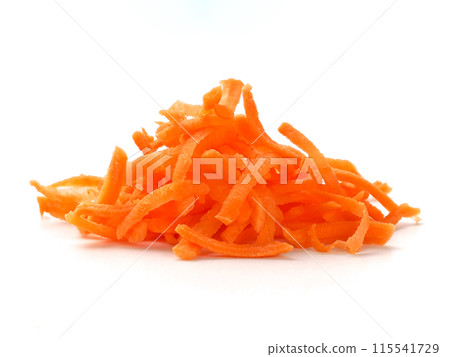 Pile of fresh organic shredded carrots. Raw grated carrots isolated on white with clipping path. Pile of fresh organic shredded carrots. Raw grated carrots isolated on white with clipping path. 115541729