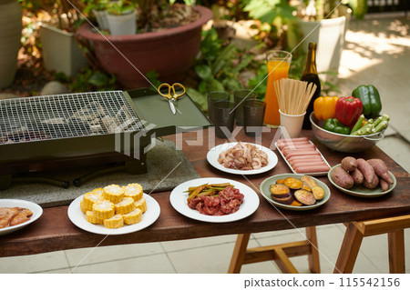 Meat and Vegetables Prepared for Barbecue 115542156