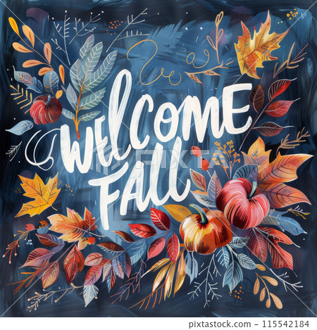 A colorful, hand-drawn illustration of the words Welcome Fall surrounded by autumn leaves A colorful, hand-drawn illustration of the words Welcome Fall surrounded by autumn leaves 115542184