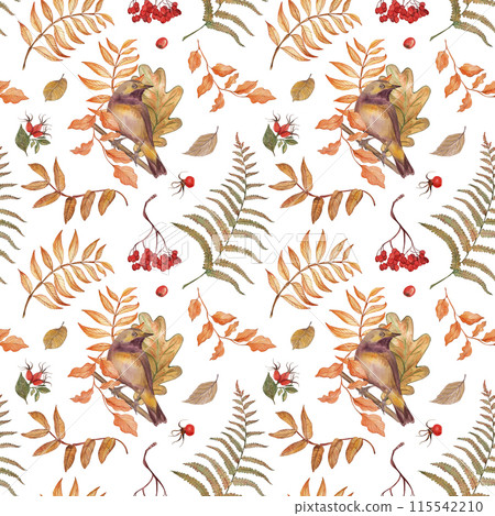Bird, finch, tree branch, leaf, fern, autumn, illustration, seamless pattern in watercolor on a white background. Suitable for printing cards, textile, fabric, fashion design, accessories, tableware. 115542210