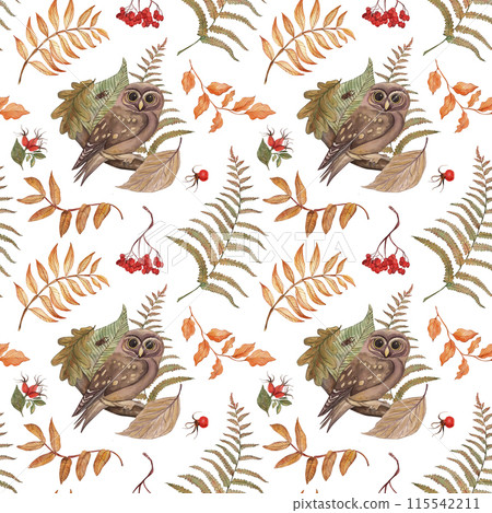 Bird, owl, tree branch, leaves, fern, autumn, illustration, seamless pattern in watercolor on a white background. Suitable for printing cards, textiles, fabric, fashion design, accessories, tableware. 115542211