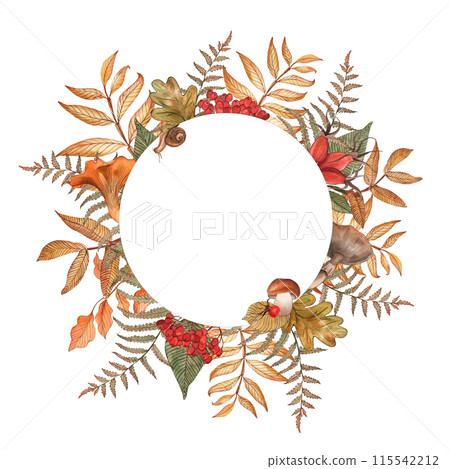 Rowan, rosehip, tree branch, mushrooms, leaves, fern, autumn forest, round frame, hand-drawn illustration in watercolor on a white background. Suitable for design cards, invitation, posters, holiday. 115542212