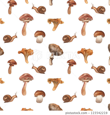 Mushroom, snail, mushrooms, chanterelles, fly agaric, brown, yellow, orange, seamless pattern, illustration, hand-drawn in watercolor on a white background. Autumn composition, beautiful, warm, cozy. 115542219