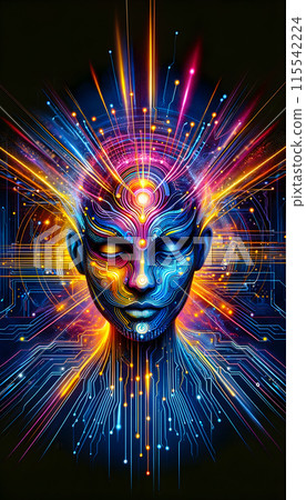Futuristic Human-AI Integration with Glowing Circuitry 115542224