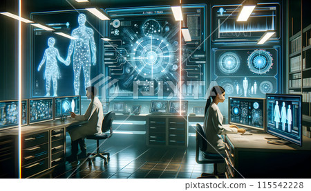 Futuristic Laboratory with Scientists Analyzing Holographic Data 115542228