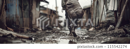 man, possibly a beggar, dashes through a dirty street lined with shacks, surrounded by poverty and desperation. man, possibly a beggar, dashes through a dirty street lined with shacks, surrounded by poverty and desperation. 115542274