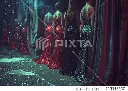 group of women dressed in elegant attire are standing in front of a mirror, admiring their reflections and preparing for a beauty contest. 115542367