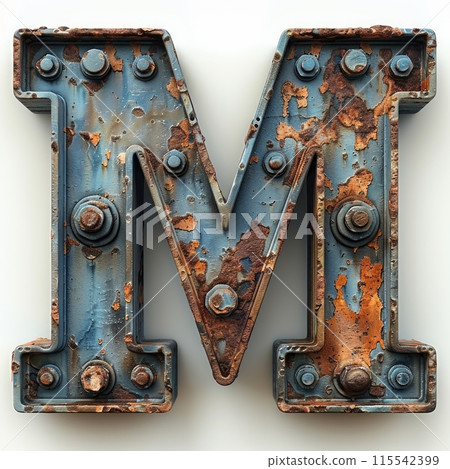 antique, weathered letter M with rust and rivets clinging to its surface, showcasing a rich history of craftsmanship and time. 115542399