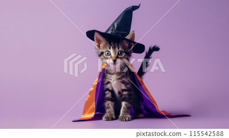 A small kitten dressed in a witch costume for Halloween. It is wearing a black witchs hat and a purple and orange cape. The kitten is sitting on a purple background 115542588