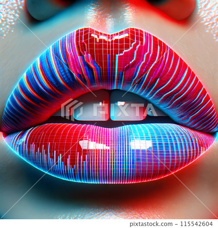 Cyberpunk Neon Grid Lips with 3D Anaglyph Effect 115542604