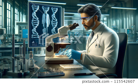 Mature Scientist Analyzing Specimen in High-Tech Genetic Research Laboratory 115542607