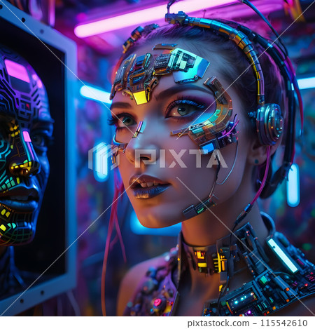 Futuristic Woman with Cybernetic Implants in Neon Light 115542610