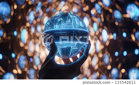 Futuristic Spherical Device with Blue Circuits Held in a Hand, Network Background Futuristic Spherical Device with Blue Circuits Held in a Hand, Network Background 115542611