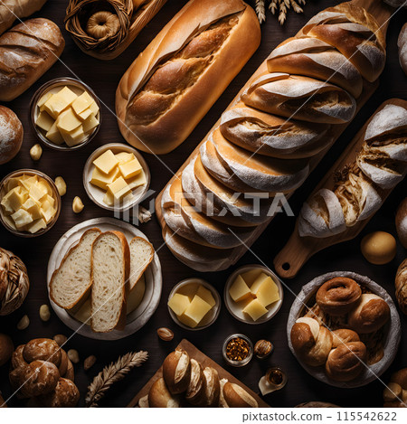 Freshly Baked Bread and Butter Spread on Rustic Wooden Table 115542622