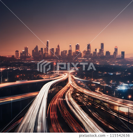 Nighttime Cityscape with Vibrant Skyline and Dynamic Traffic Light Trails 115542636