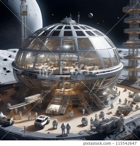 Lunar Colony: Astronauts and Robots Build Spherical Habitat on Moon. 115542647