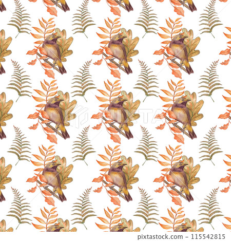 Bird, finch, tree branch, leaf, fern, autumn, illustration, seamless pattern in watercolor on a white background. Suitable for printing cards, textile, fabric, fashion design, accessories, tableware. 115542815