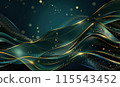 Green rich background with golden lines, luxury curves, and light effect with shimmering bokeh elements. 115543452