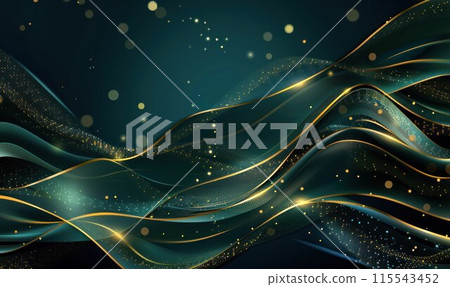 Green rich background with golden lines, luxury curves, and light effect with shimmering bokeh elements. 115543452