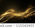 Glowing gold lines with sparkles on black background. Abstract golden waves. 115543455