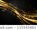 Glowing gold lines with sparkles on black background. Abstract golden waves. 115543461