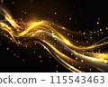 Glowing gold lines with sparkles on black background. Abstract golden waves. 115543463