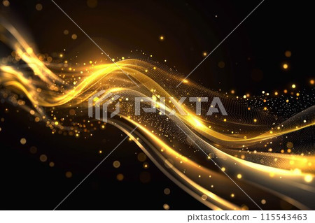 Glowing gold lines with sparkles on black background. Abstract golden waves. Glowing gold lines with sparkles on black background. Abstract golden waves. 115543463