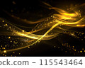 Glowing gold lines with sparkles on black background. Abstract golden waves. 115543464