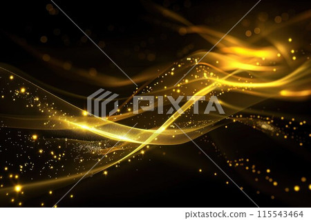 Glowing gold lines with sparkles on black background. Abstract golden waves. Glowing gold lines with sparkles on black background. Abstract golden waves. 115543464