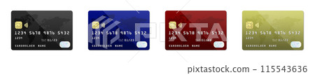 Black, Blue, Burgundy and Gold Credit Card Mockup Set Isolated on a White Background. 115543636