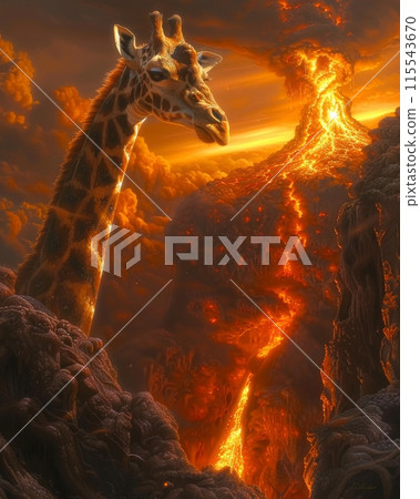Giraffe standing near erupting volcano. Wildlife in danger concept. 115543670
