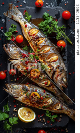 Grilled fish with herbs and lemon slices on dark slate background. Overhead view of prepared seafood dish with tomatoes and parsley. Culinary concept 115543698