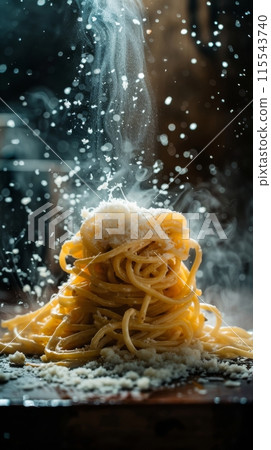 Spaghetti with grated cheese and steam in a dramatic light. Studio food photography for menu and culinary designs. 115543740