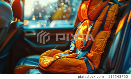 Bright orange baby car seat in a vehicle with blurred lights in the background. Automotive and safety concept. 115543760