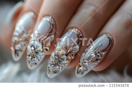 Close-up of intricate floral nail art with rhinestones. Macro photography. Fashion and beauty concept for nail art and design. 115543878