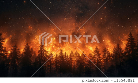 Forest fire with trees silhouetted against the night sky. Nature photography. Environmental disaster and wildfire concept. 115543881