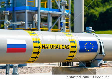 Natural gas pipeline showing the direction of gas flow from Russia to European Union. Russian and EU flags showing concept of gas export from Russia to Europe 115544036